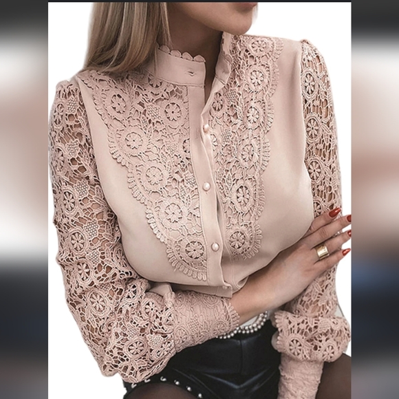Tops - Elegant Lace Detail Pink Blouse